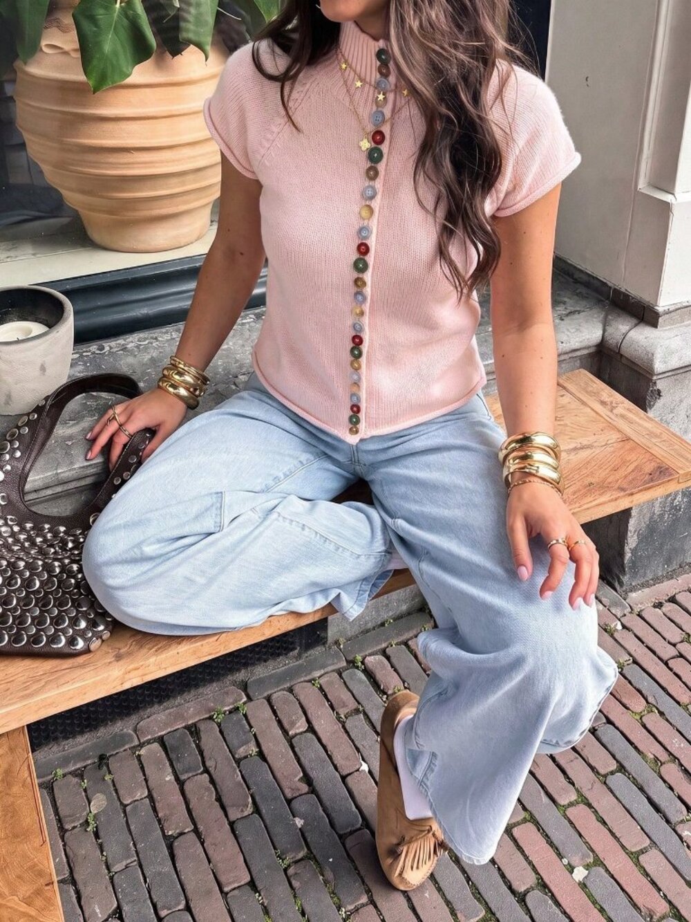 Pink Casual Women's Button Front High Neck Pullover Sweater